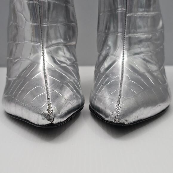 Black Suede Studio Tory Knee High Boot EU 38 Metallic Silver Croc Embossed Heel - Picture 10 of 16